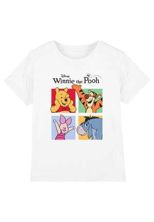 White T-shirt with colorful squares showing Winnie the Pooh, Tigger, Piglet, and Eeyore with "Winnie the Pooh" text above.