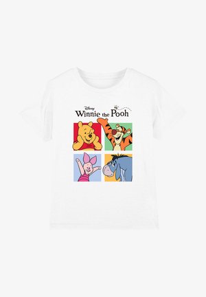 White T-shirt with colorful squares showing Winnie the Pooh, Tigger, Piglet, and Eeyore with "Winnie the Pooh" text above.