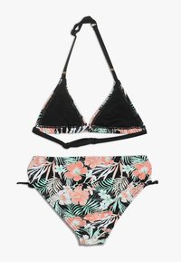 Schwarzes Bikini-Oberteil mit dreieckigen Cups und verstellbaren Trägern; das passende Unterteil hat ein florales Muster in Pink, Mint und Schwarz.