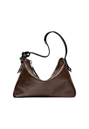 Triangular-shaped brown leather handbag with black zipper detail and adjustable strap. Smooth texture, minimalistic design, compact size.
