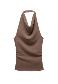 Top a halter marrone con scollatura a drappo, realizzato in tessuto testurizzato. Presenta arricciature lungo i lati per un design aderente.