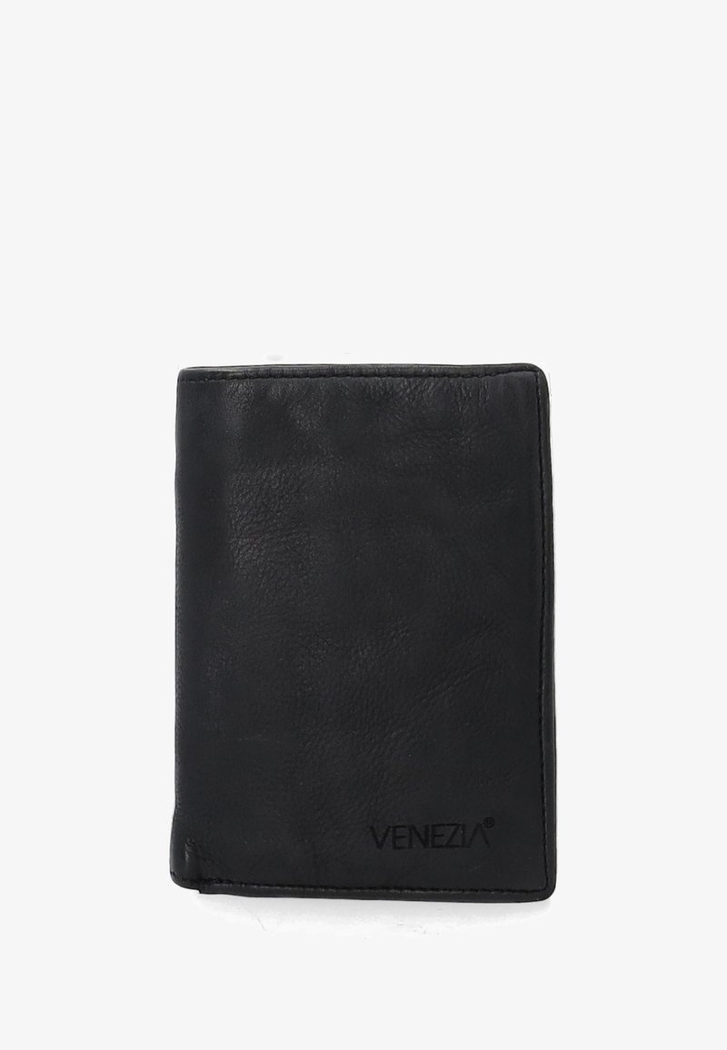 Zwarte leren portemonnee met een gladde textuur, voorzien van een gestikte rand en een reliëflogo "VENEZIA" aan de onderkant. Rechthoekige vorm.