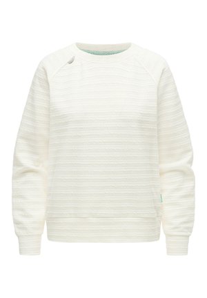 Biały sweter z długim rękawem i okrągłym dekoltem, z poziomymi teksturowanymi paskami i ściągaczami przy mankietach, przedstawiony na jednolitym białym tle.