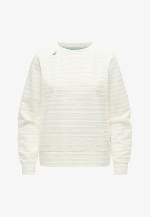 Maglione bianco a maniche lunghe con scollo rotondo, caratterizzato da righe orizzontali testurizzate e polsini a coste, mostrato su uno sfondo bianco uniforme.