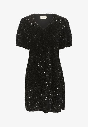 Trumpas juodas suknelė su V formos iškirpte, trumpos pūstos rankovės ir padengta blizgučiais, sukuriant tekstūruotą, blizgų paviršių. Elegantiška ir prigludusi siluetas.