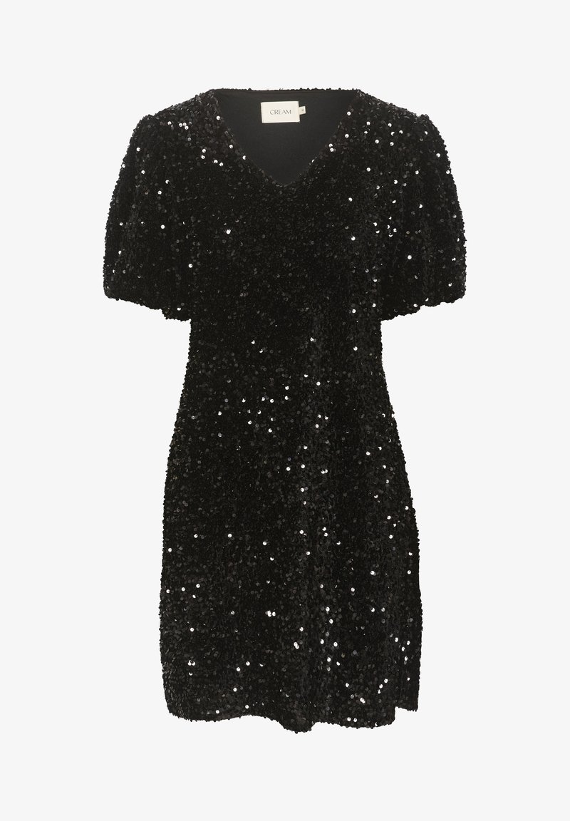 Kratka crna haljina s V-izrezom, kratkim napuhanim rukavima i prekrivena šljokicama, što stvara teksturiranu, sjajnu površinu. Elegantna i prilagođena silueta.
