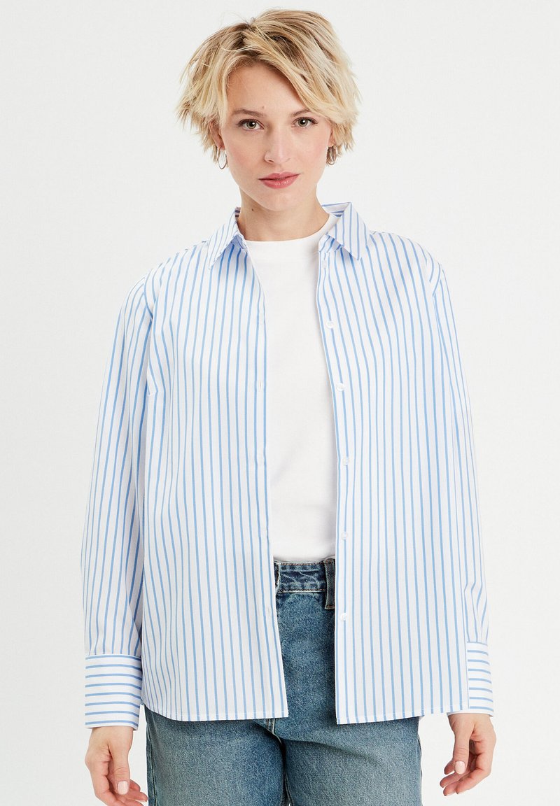 Chemise à rayures bleues claires et blanches avec col, manches longues et coupe décontractée, associée à un haut blanc et un jean en denim.