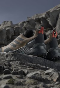 Terrex outdoor shoes with a beige and black mesh upper, textured midsole, and red heel tab, set on a rocky surface.
