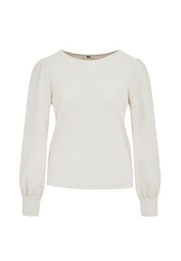 Kremasta dolgoročna teksturirana bluza z napihnjenimi rameni in prilagojenimi manšetami, okroglim izrezom, zasnovana za ženske.