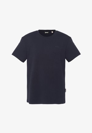 Marineblaue, strukturierte Kurzarm-T-Shirts mit Rundhalsausschnitt und kleinem "Schott"-Logo auf der Brust sowie einem Seitenetikett.