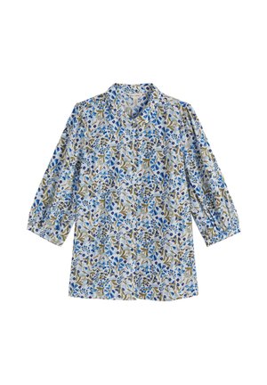 Garām piedurknēm blūze ar zilu un zaļu ziedu rakstu uz balta fona, pogājams priekšpuse un vaļīga piegriezuma.