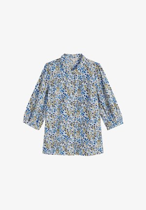 Bluza cu mâneci lungi, cu model floral albastru și verde pe fundal alb, cu închidere cu nasturi în față și croială lejeră.