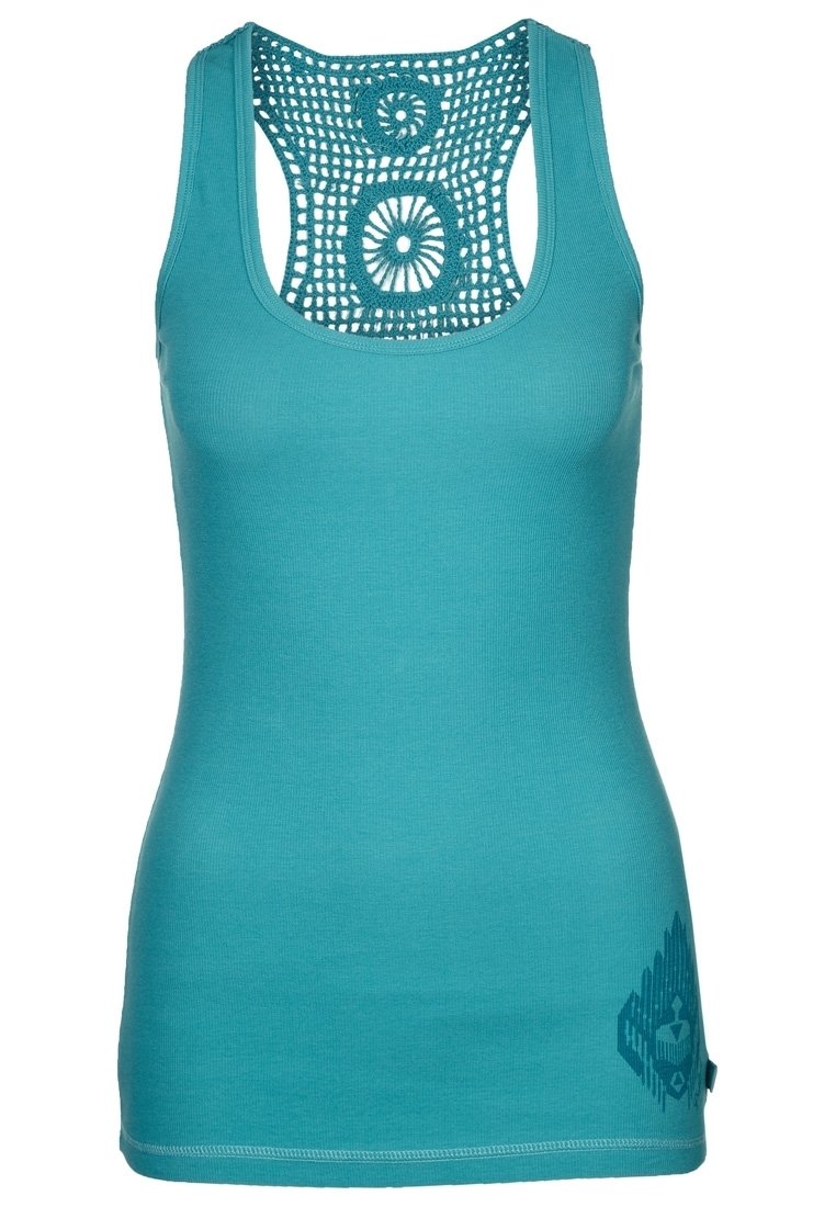 Morski top na ramiączkach z tyłem wykonanym na szydełku, o okrągłym dekolcie i nadrukiem logo z boku. Wykonany z elastycznej tkaniny, posiada dopasowany krój.