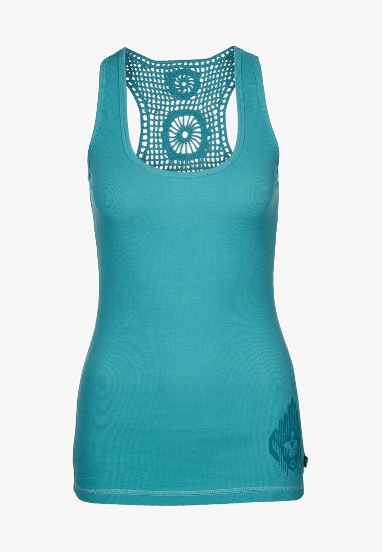 Morski top na ramiączkach z tyłem wykonanym na szydełku, o okrągłym dekolcie i nadrukiem logo z boku. Wykonany z elastycznej tkaniny, posiada dopasowany krój.