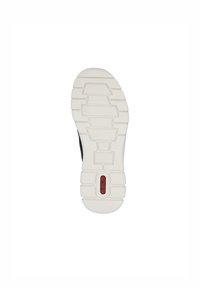 Podeszwa trampka w białej gumie z głębokimi rowkami dla lepszej przyczepności, z centralnym czerwonym logo, zaprojektowana z myślą o komforcie i gripie.