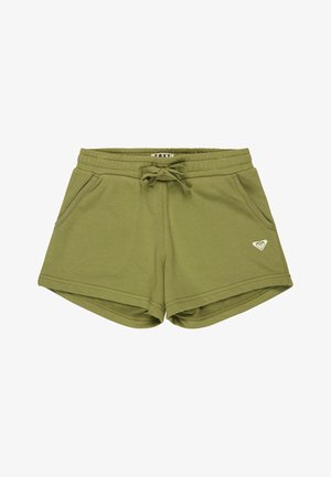 Olive green casual shorts with elastic waistband, drawstring, side pockets, and small white logo on the lower left leg.