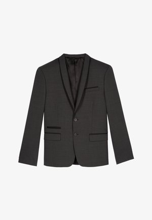 Mørkegrå blazer med klapper, to knapper og sorte detaljer på lommerne. Lavet af tekstureret stof, med en enkelt brystlomme.