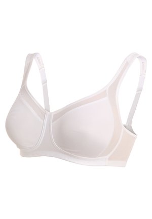 White bra made of smooth fabric; features adjustable straps, a three-part underwire cup, and a mesh panel for breathability.