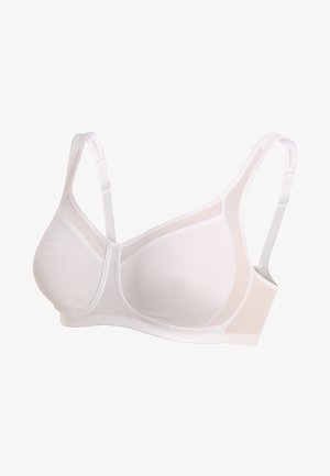 Reggiseno bianco in tessuto morbido; presenta spalline regolabili, una coppa a tre sezioni con ferretto e un pannello in rete per la traspirabilità.