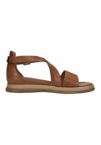 Brown leather sandal with woven front, open heel, and adjustable strap. Features a flat sole with raised edge and textured finish.