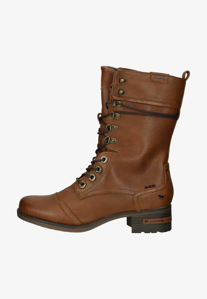 Bottine en cuir marron avec un bout arrondi, lacets à l'avant, coutures décoratives et un petit talon. Dispose d'œillets en métal et de détails de logo.