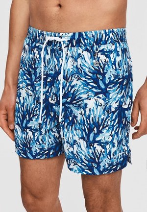 Męskie spodenki kąpielowe z niebiesko-białym wzorem rafy koralowej, elastycznym pasem i białym sznurkiem, noszone na talii i w połowie uda.