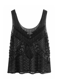 Must mustriga tank top mustreeritud geomeetriliste mustritega, ümmargune kaelus ja kergelt laienev siluett. Läbipaistev tekstuur koos detailsete aktsentidega.