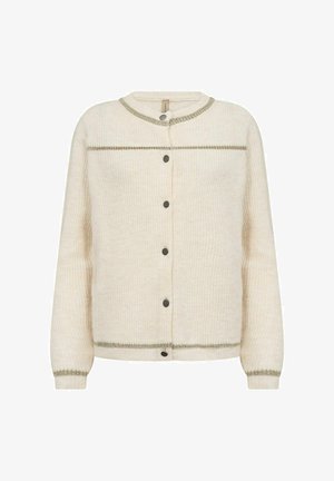 Cream cardigan made of textured fabric with a crew neckline, front button closure, and contrasting metallic strip detailing at the collar and hem.