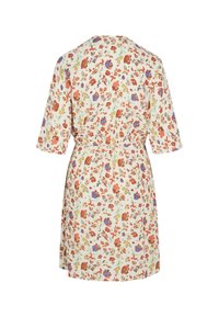 Floral dress with short sleeves, gathered waist, cream background, features red, blue, and green flower patterns, lightweight fabric, knee-length.