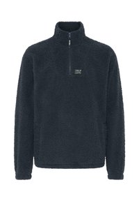 Pullover in pile blu scuro con collo a zip a quarto, superficie textured e un piccolo logo sul petto. Progettato per calore e comfort.