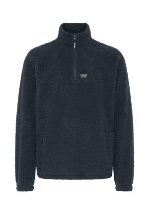 Donkerblauwe fleece pullover met een kwart-rits kraag, gestructureerde oppervlakte en een klein logo op de borst. Ontworpen voor warmte en comfort.