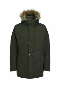 Dark green parka jacket with a fur-lined hood, snap buttons, and two front pockets. Smooth exterior fabric, insulated for warmth.