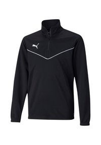 Zwarte sportpullover met een kwart ritssluiting, witte accentlijn over de borst en een klein logo aan de linkerkant. Gemaakt van zachte stof.