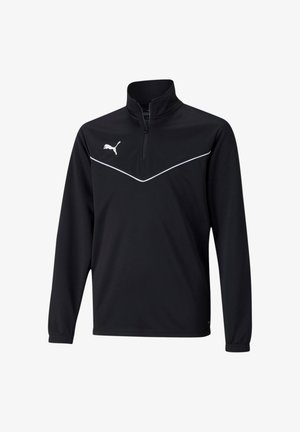 Schwarzer Sport-Pullover mit einem Viertelreißverschluss, weißem Akzentstreifen über der Brust und kleinem Logo auf der linken Seite. Hergestellt aus weichem Stoff.