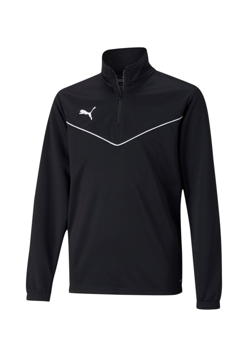Zwarte sportpullover met een kwart ritssluiting, witte accentlijn over de borst en een klein logo aan de linkerkant. Gemaakt van zachte stof.