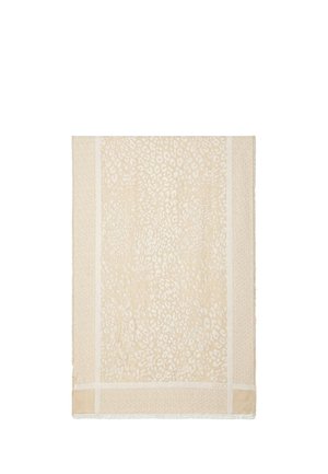 Sciarpa rettangolare beige con una sottile stampa leopardata al centro e bordi con motivo geometrico, con un piccolo logo "Liu Jo".