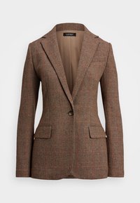 Ruskotettu, herringbone-kuvioitu bleiseri, jossa on yksittäinen nappikiinnitys ja kaksi etutaskua. Vuorattu sisust, jossa on lovellinen kaulus.