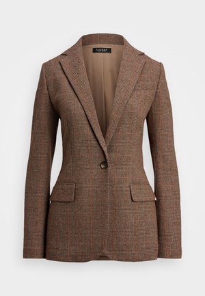 Brown textured blazer with a herringbone pattern, single button closure, and two front pockets. Lined interior with a notched collar.