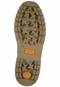 Gummisohlen mit tiefem Profil, beiger Farbe, mit markiertem Logo in Orange, Größe 41, und einem abgerundeten Fersendesign.