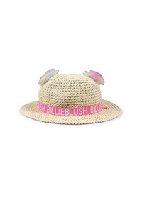 Chapeau de paille de couleur naturelle avec un large bord, un bandeau rose avec le texte "BILLIEBLUSH" et des accents de fleurs pastel sur la couronne.