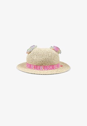 Chapeau de paille de couleur naturelle avec un large bord, un bandeau rose avec le texte "BILLIEBLUSH" et des accents de fleurs pastel sur la couronne.