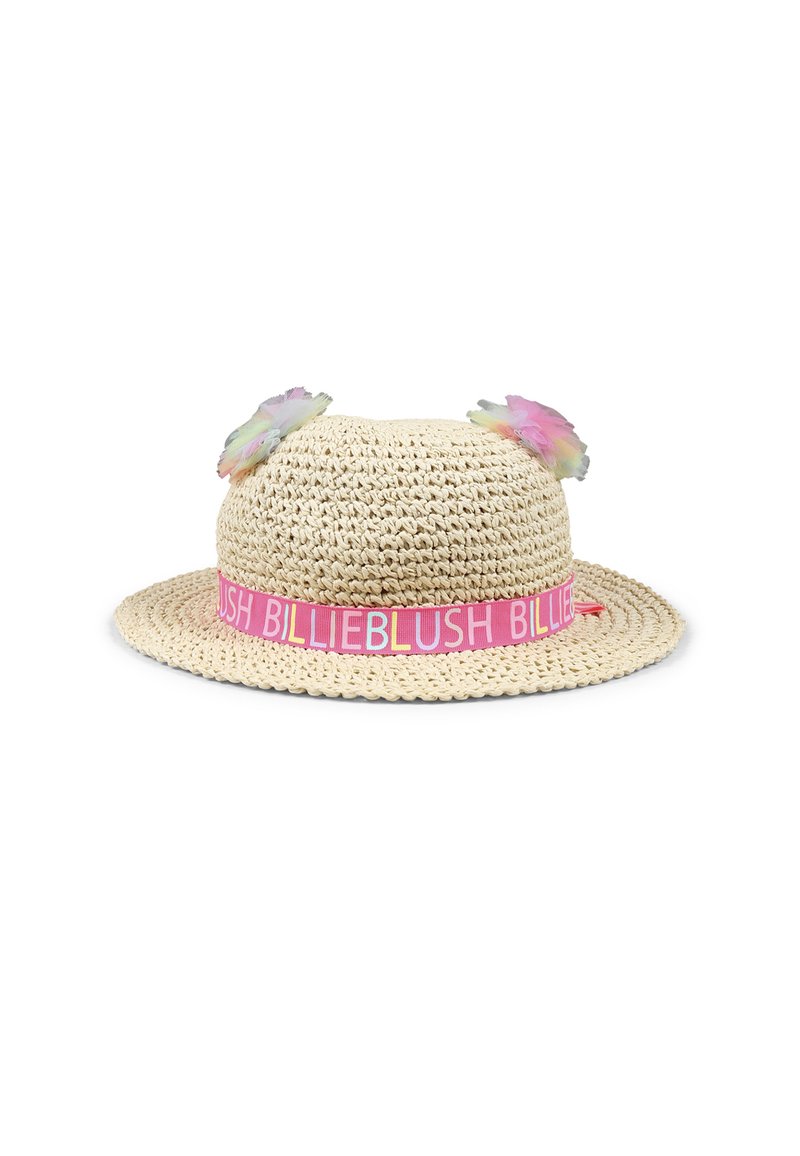 Chapeau de paille de couleur naturelle avec un large bord, un bandeau rose avec le texte "BILLIEBLUSH" et des accents de fleurs pastel sur la couronne.