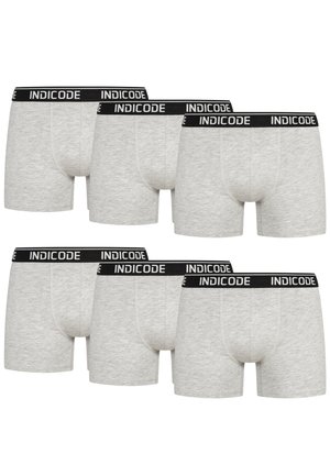 Six pairs of grey boxer briefs made from soft fabric, featuring a black INDICODE waistband with white lettering.