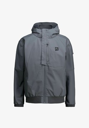 Szürke kapucnis dzseki elülső cipzárral, mellkascipzáras zsebbel és rugalmas mandzsettákkal, valamint alsó szegéllyel, hideg időjárásra tervezve.