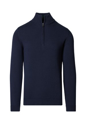 Granatowy sweter z zamkiem pod szyją wykonany z dzianiny, z długimi rękawami oraz prążkowanymi ściągaczami na rękawach i dole, nadającymi fakturowany wygląd.