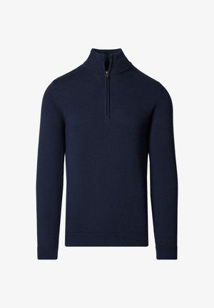 Granatowy sweter z zamkiem pod szyją wykonany z dzianiny, z długimi rękawami oraz prążkowanymi ściągaczami na rękawach i dole, nadającymi fakturowany wygląd.