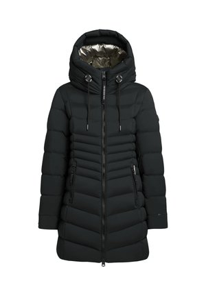 Černý péřový kabát s kapucí se stříbrným lemováním, prošívaným tělem, dvěma bočními kapsami na zip a nastavitelnou šňůrkou na krku.