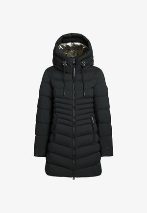 Zwarte pufferjas met een zilverkleurige capuchon, gewatteerd lijf, twee zipbare zijzakken en een verstelbaar koord bij de nek.