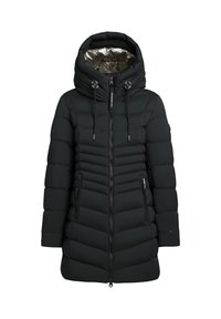 Čierna prešívaná bunda s kapucňou so striebornou podšívkou, prešívaným telom, dvoma bočnými vreckami na zips a nastaviteľným šnúrkovým zapínaním pri krku.