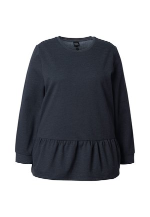 Donkergrijze langemouwen top van zacht materiaal, met een gathered peplum zoom en een ronde hals met geribde manchetten.